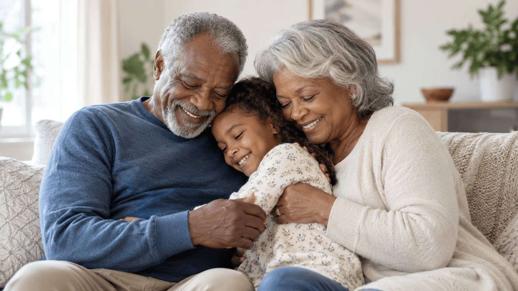 Grandparents embracing their granddaughter at home
