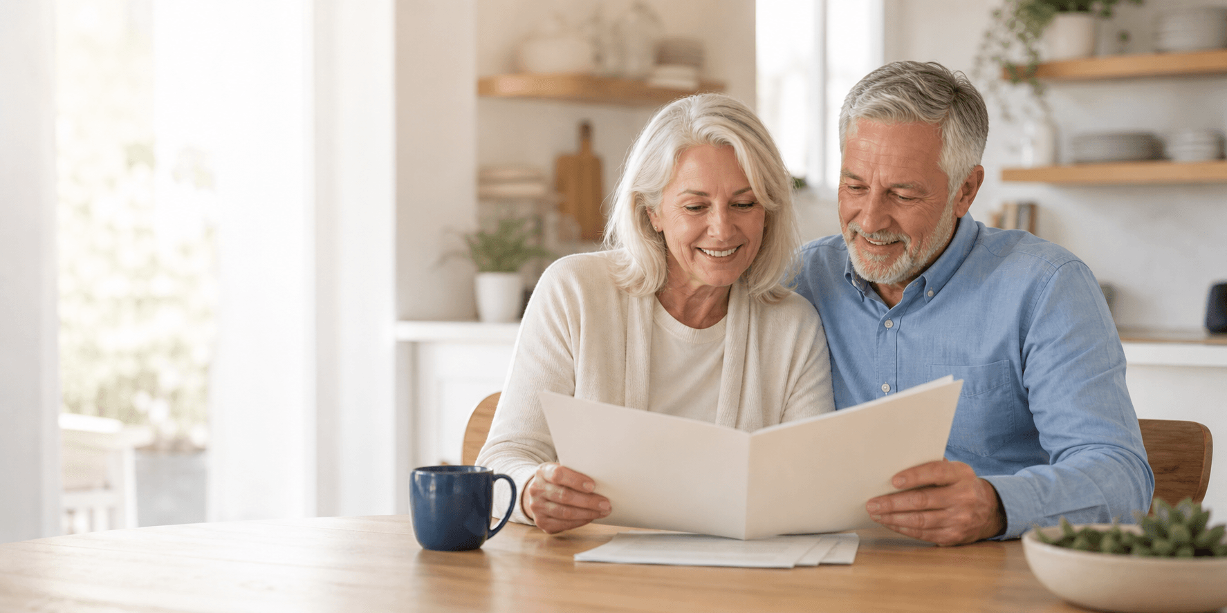 A senior couple reviewing Medicare coverage information together at a kitchen table